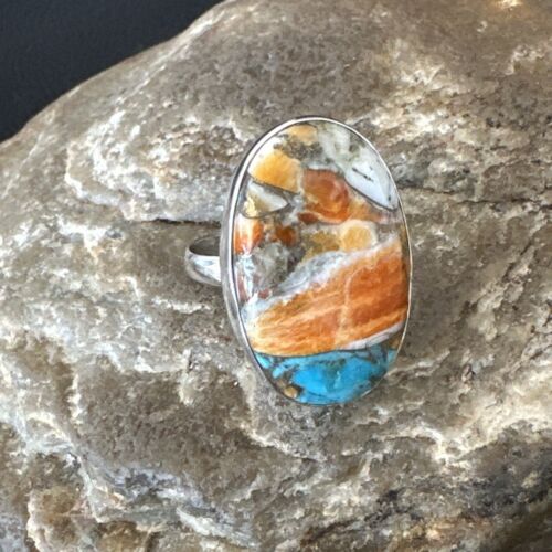 Navajo Blue Turquoise Orange Spiny Oyster Ring | Sterling Silver | Sz 8 | Authentic Native American Handmade | 16621