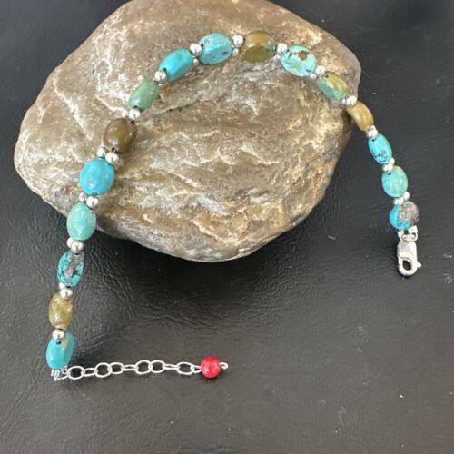 Southwestern Blue Turquoise Bead Link Bracelet | Sterling Silver | 8" | 17234