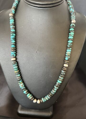 Men's Blue Spiderweb Turquoise Necklace | 8mm | Navajo Sterling Silver | 22" | Authentic Native American Handmade | 11702