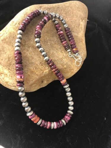 Navajo Pearls Necklace | Sterling Silver Purple Spiny Oyster Beads 8mm | Authentic Native American Handmade | 15956