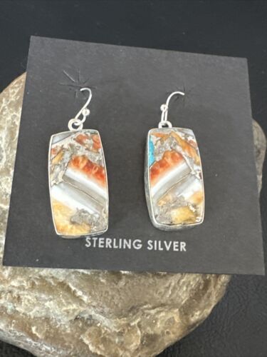 Navajo Blue Turquoise & Orange Spiny Oyster Inlay Dangle Earrings | Sterling Silver | 15582