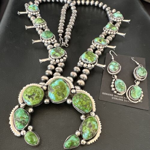 Green Sonoran Gold Turquoise Sterling Silver Squash Blossom Necklace Pendant | Navajo | 17207