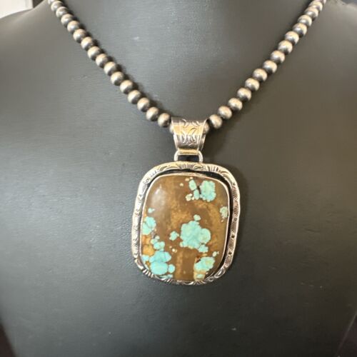 Navajo Blue Turquoise #8 Pendant | Sterling Silver Necklace with Pearls | Authentic Native American Handmade | 16350