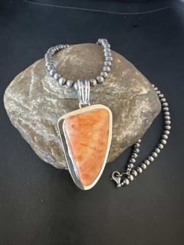 Navajo Pearls Orange Spiny Oyster Necklace Pendant | Sterling Silver | Authentic Native American Handmade | 15003