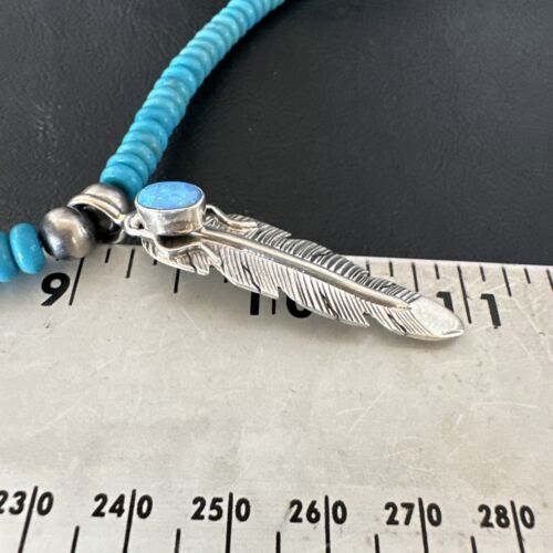 Men's Blue Turquoise Navajo Necklace | Sterling Silver Feather Opal Pendant | Native American Handmade | 17438