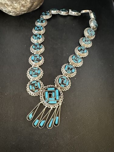 Navajo Sterling Silver Turquoise Onyx Choker Necklace | Inlay Pendant | 18" | 15535