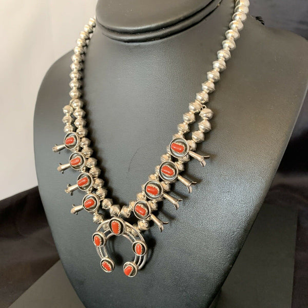 Navajo Coral Squash Blossom Necklace & Earrings | Sterling Silver Shadow Box | Authentic Native American Handmade | 10888