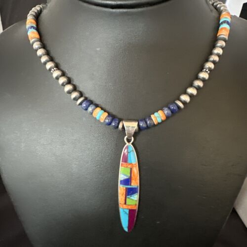 Navajo Spiny Oyster Turquoise Lapis Inlay Pendant Necklace | Sterling Silver | 21" | Authentic Native American Handmade | 16766