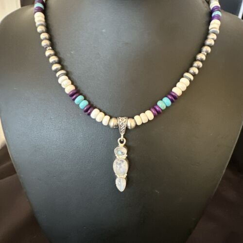 Navajo White Mother of Pearl, Turquoise, Sugilite Pendant Necklace | Sterling Silver | 16929