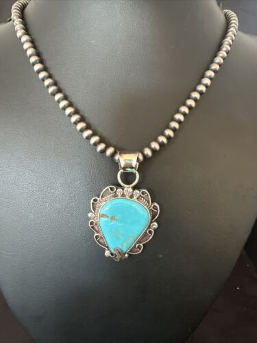 Navajo Blue Turquoise Pendant Necklace | Sterling Silver Pearls | Authentic Native American Handmade | 15638