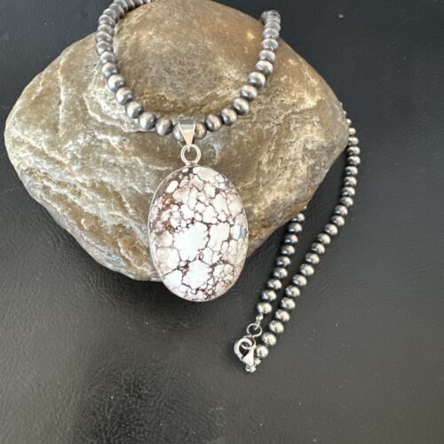 Wild Horse Turquoise Pendant Necklace | Navajo Pearls | Sterling Silver | Authentic Native American Handmade | 15720