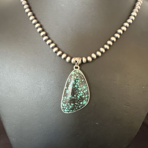 Men's Navajo Blue Spiderweb Turquoise Pendant Necklace | Sterling Silver | Authentic Native American Handmade | 16227