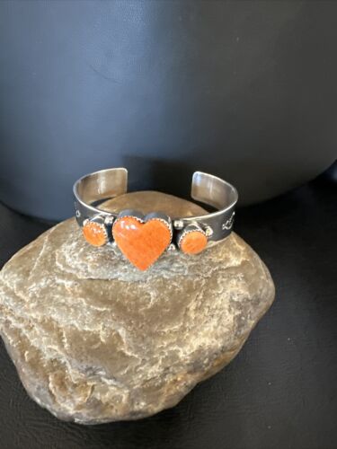 Navajo Orange Spiny Oyster Heart Cuff Bracelet | Sterling Silver | Authentic Native American Handmade | 15349