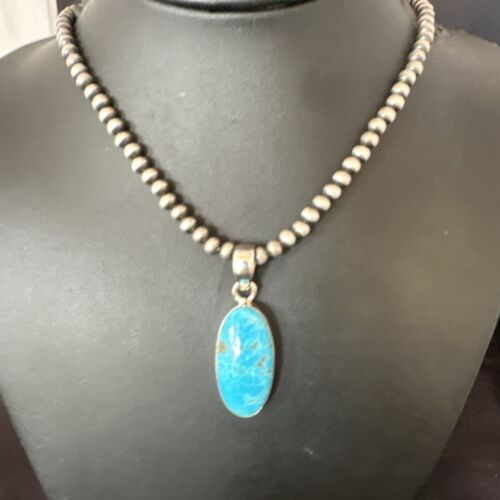 Navajo Blue Kingman Turquoise Pendant with Pearls | Sterling Silver Necklace | 20" | 16993
