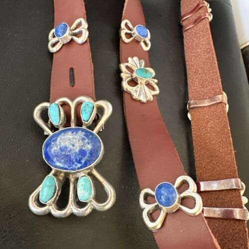 Men's Kingman Turquoise Lapis Concho Belt | Sterling Silver Navajo Tufa | Authentic Native American Handmade | 16682 - Masha USA