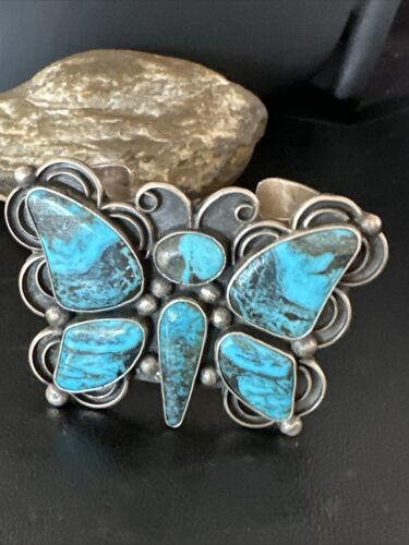 Navajo Butterfly Blue Turquoise Cuff Bracelet | Sterling Silver | Authentic Native American Handmade