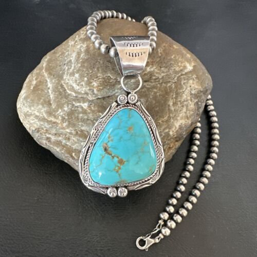 Navajo Blue Kingman Turquoise Necklace Pendant | Sterling Silver | Authentic Native American Handmade | 17476