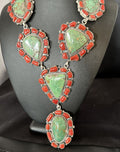 Navajo Green Turquoise and Coral Lariat Necklace Pendant | 23" | Authentic Native American Handmade | 16191