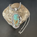 Navajo Blue Turquoise #8 Pendant | Sterling Silver Necklace with Pearls | Authentic Native American Handmade | 15903