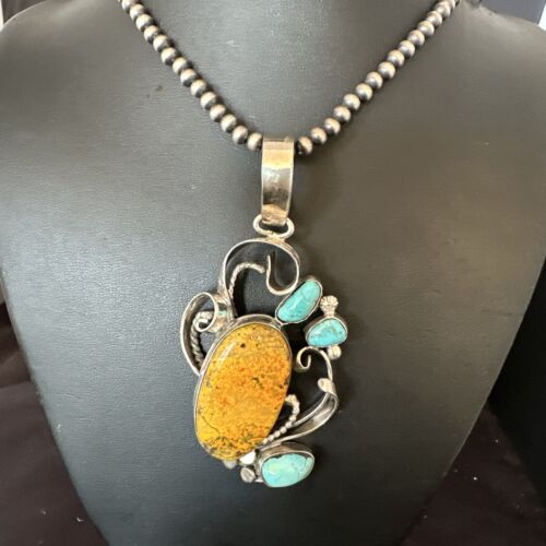 Bumblebee Jasper Turquoise Multi-Stone Pendant | Sterling Silver Necklace | Authentic Native American Handmade | 15947