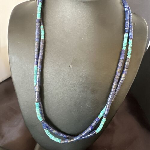 Navajo Blue Turquoise Lapis Necklace | Sterling Silver | 22" | Authentic Native American Handmade | 17554