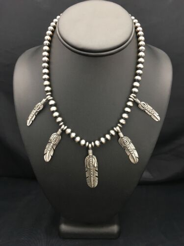 Navajo Pearls Feather Pendant Necklace | Sterling Silver | 16" | Authentic Native American Handmade | 17533
