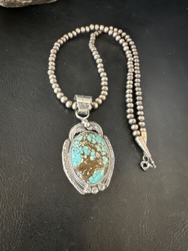 Navajo Pearls Sterling Silver Necklace with Blue Turquoise #8 Pendant | Authentic Native American Handmade | 14859