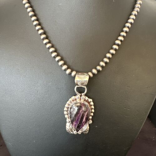 Navajo Pearls Purple Sugilite Pendant Necklace | Sterling Silver Beads | Authentic Native American Handmade | 16462