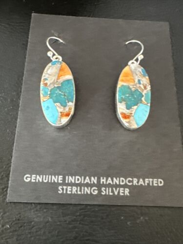 Navajo Blue Turquoise & Orange Spiny Oyster Inlay Dangle Earrings | Sterling Silver | 15586