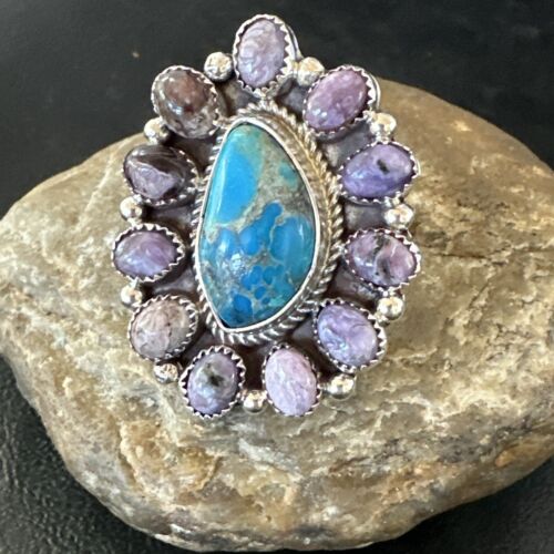 Navajo Cluster Blue Kingman Turquoise Charoite Ring | Authentic Native American Sterling Silver | Multi-Stone | Sz 9 | 17179