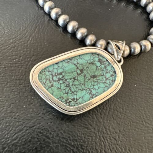Men's Navajo Blue Spiderweb Turquoise Pendant Necklace | Sterling Silver | Authentic Native American Handmade | 16274