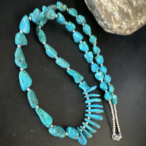 Navajo Blue Kingman Nugget Turquoise Necklace | Sterling Silver | 22" | Authentic Native American Handmade | 15534