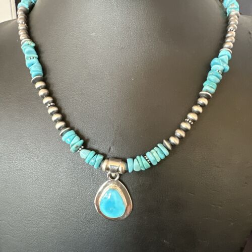 Navajo Men's Blue Kingman Turquoise Pendant Necklace | Sterling Silver | 21" | Authentic Native American Handmade | 17552