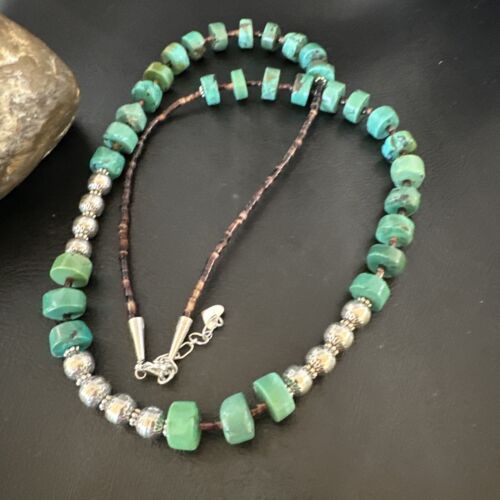 Navajo Blue Green Turquoise Heishi Bead Necklace | Sterling Silver | 24" | 16283