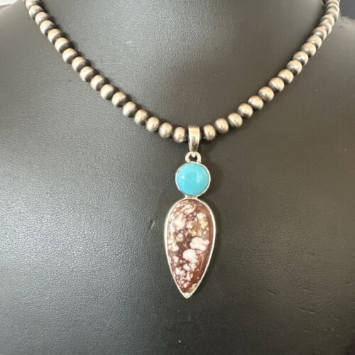 Navajo Wild Horse Blue Kingman Turquoise Necklace | Sterling Silver | SW Pendant | 17319