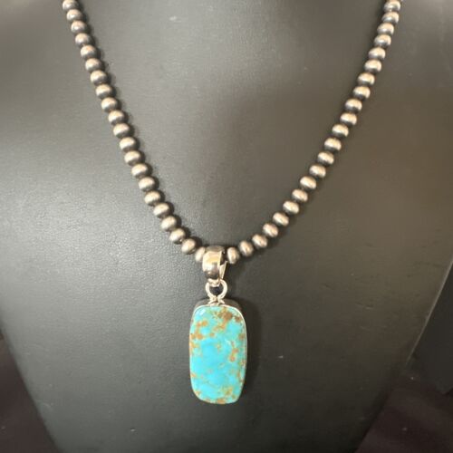 Navajo Blue Kingman Turquoise Pendant Necklace | Sterling Silver | 20" | Authentic Native American Handmade | 16698