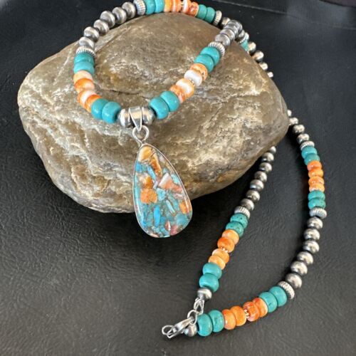 Navajo Spiny Turquoise Pendant Necklace | Sterling Silver | 21" | Authentic Native American Handmade | 17519