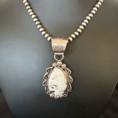 Men's White Buffalo Turquoise Pendant | Navajo Pearl Sterling Silver Necklace 21" | Handmade Jewelry | 17044