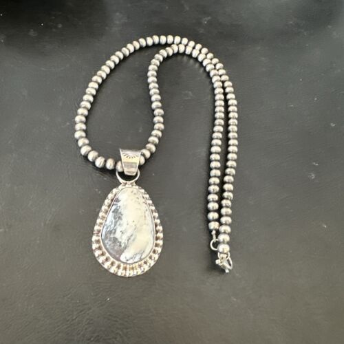 White Buffalo Turquoise Pendant | Navajo Pearls Sterling Silver Necklace | Authentic Native American Handmade | 17108