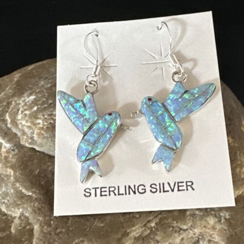 Navajo Blue Opal Hummingbird Earrings | Sterling Silver | 1" | Authentic Native American Handmade | 15088