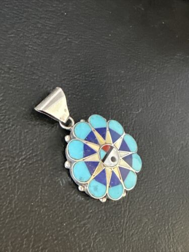 Zuni Sun Face Pendant | Turquoise, Mother of Pearl, Onyx Inlay | Sterling Silver | Native American Handmade | 15179