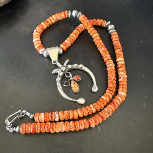 Navajo Red Spiny Oyster Naja Pendant Necklace | Sterling Silver | 23" | Authentic Native American Handmade | 17660