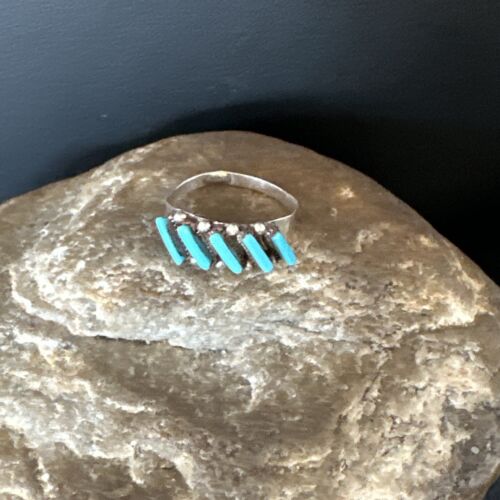 Zuni Blue Turquoise Needle Point Ring | Authentic Native American Sterling Silver | Multi-Stone | Sz 6.5 | 15400