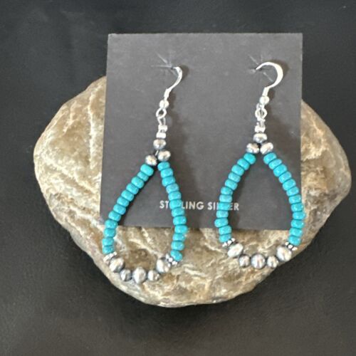 Navajo Teal Blue Turquoise 4mm Bead Earrings | Sterling Silver Pearls | 2" | Authentic Native American Handmade | 16823