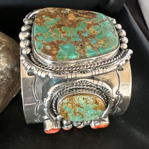 Navajo Green Royston Turquoise Spiny Oyster Cuff Bracelet | Sterling Silver | Authentic Native American Handmade | 15364