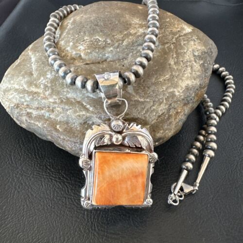 Navajo Orange Spiny Oyster Pendant Necklace | Sterling Silver | 20" | Authentic Native American Handmade | 16142