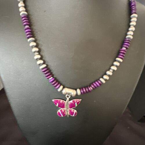 Navajo Butterfly Purple Sugilite Pendant Necklace | Sterling Silver Inlay | Authentic Native American Handmade | 16761