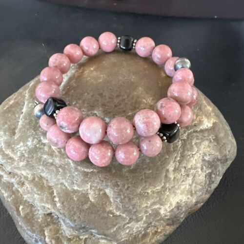 Navajo Pink Rhodochrosite Memory Wire Bracelet | Stainless Steel | Authentic Native American Handmade | 17623
