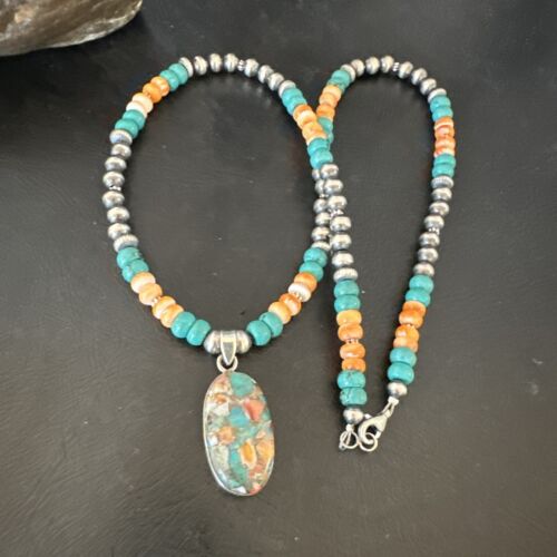 Navajo Spiny Turquoise Pendant Necklace | Sterling Silver | 22" | Authentic Native American Handmade | 17429