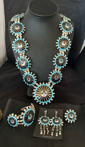 Zuni Ultra Rare Sunface Onyx Turquoise Inlay Squash Blossom Necklace Bracelet | Sterling Silver | 16679